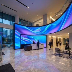 Installation einer gebogenen LED-Videowand in einer modernen Firmenlobby mit geschwungenem, konkavem Design