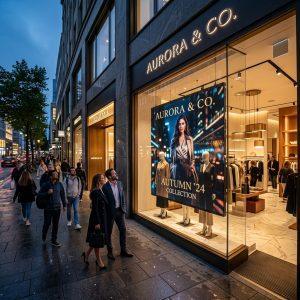 Moderne Ladenfront mit transparentem LED-Schaufenster, das in der Dämmerung dynamische Mode-Werbeinhalte zeigt.