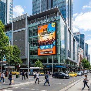 Outdoor LED display mounted on a building facade showing vibrant advertising in direct sunlight